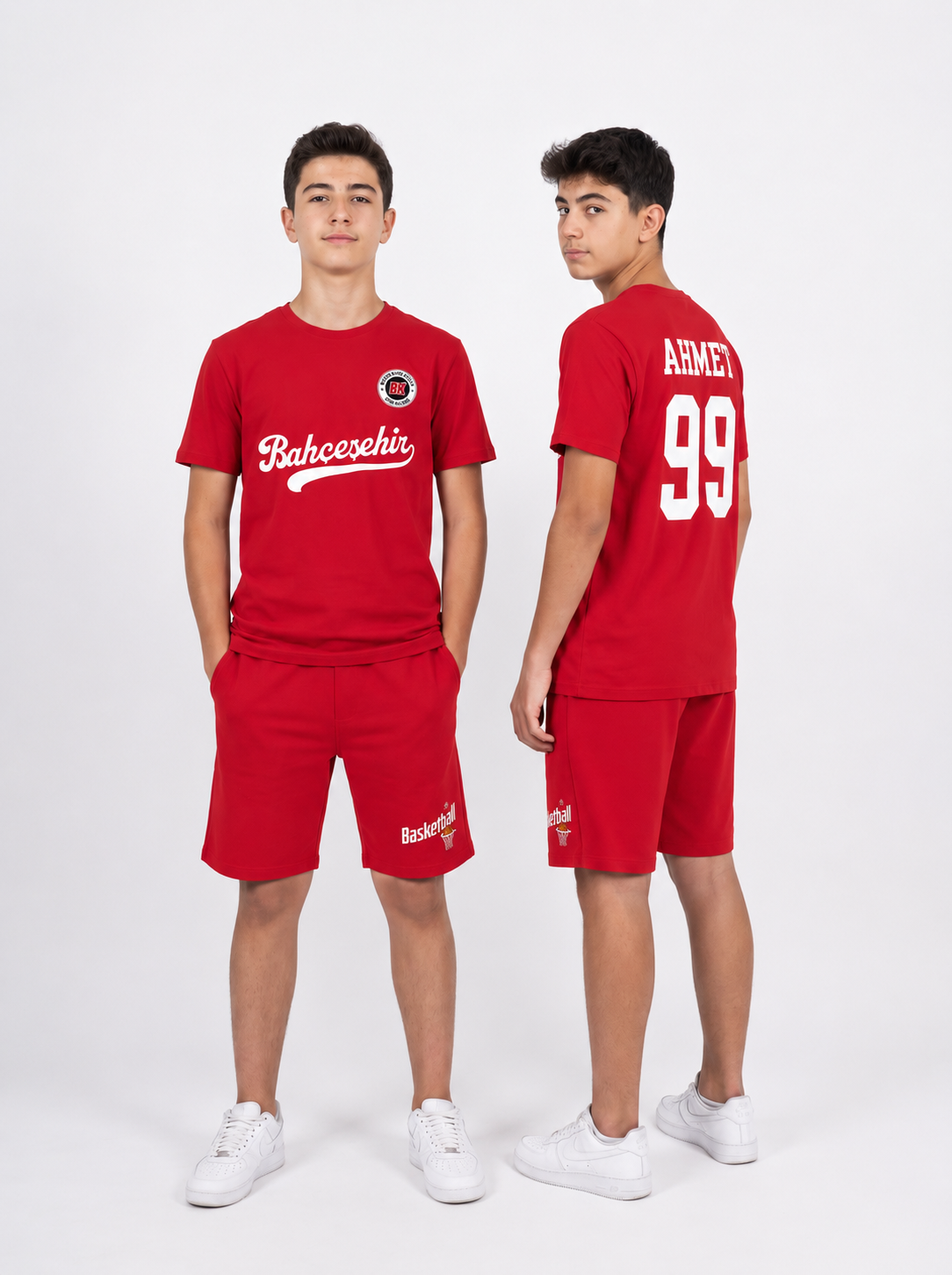Bahçeşehir Koleji Özelleştirilebilir Kırmızı Forma T-Shirt + Kırmızı Basketball Şort Kombini
